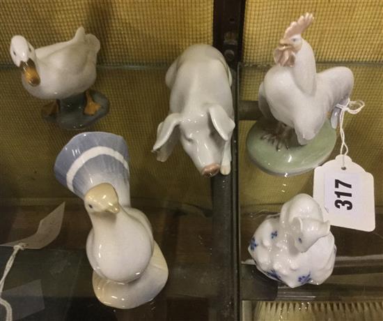 Royal Copenhagen pig, cockerel and mouse & 2 similar models